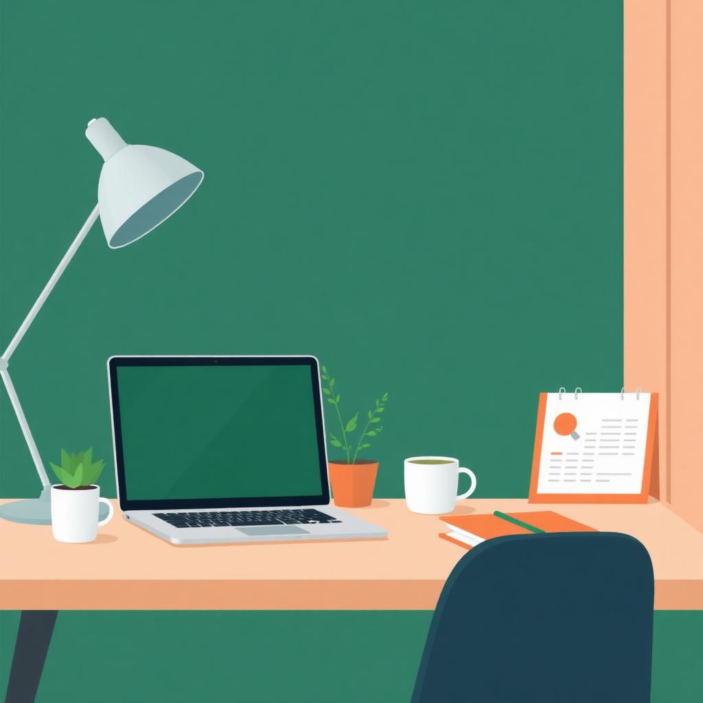 Illustrated virtual assistant workspace with laptop, calendar, and coffee